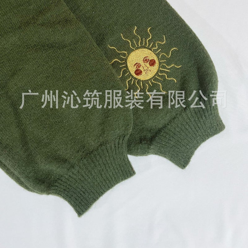 New Women'S Embroidered Button Knitted Cardigan Sweater Sun And Moon Pattern Lantern Sleeve V Neck Cardigan Top - Image 5